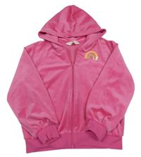 Růžová plyšová propínací mikina s duhou a kapucí H&M