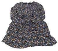 Tmavomodro-světlerůžovo-hnědé květované šifonové šaty 