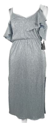 Nové - Dámské stříbrné plisované midi šaty s volnými rameny 