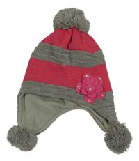 Malinovo-šedá pruhovaná čepice s kytičkou 