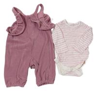 2 set - bílo-růžové pruhované body + růžové laclové kalhoty s volány 