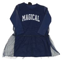 Tmavomodré bavlněno/tylové šaty s nápisem 