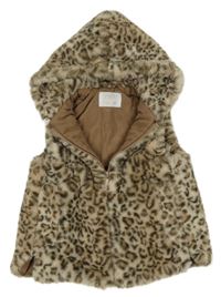 Béžová leopardí kožešinová podšitá vesta s kapucí Zara