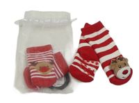 Nové - 2x červeno-bílé pruhované ponožky se soby