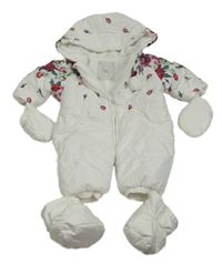 Bílá šusťáková zimní kombinéza s květy a kapucí + rukavičky + capáčky
