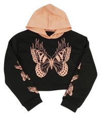 Čero-lososová crop mikina s motýlem a kapucí 