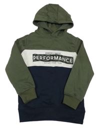 Khaki-bílo-tmavomodrá mikina s nápisem a kapucí Y.F.K.