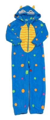 Modrá chlupatá kombinéza s puntíky a kapucí - příšerka