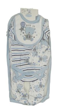 5set - Bílo-modrý overal s medvídky +body + čepice + bryndák + rukavice 