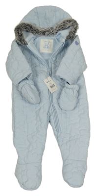 Nové - světlemodrá šusťáková prošívaná zimní kombinéza s kapucí + rukavice Mothercare