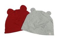 2x Šedá + červená bavlněná čepice s oušky Pocopiano 