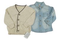 Nové - 2set -  Světlemodrá riflová košile + béžový propínací svetr Mothercare 