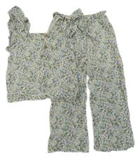 2set - Bílo-barevná kytičkovaná crop halenka + volné kalhoty 