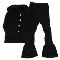2Set - Černá žebrovaná propínací mikina s kožešinou + flare kalhoty