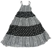 Černo-bílé vzorované letní dlouhé šaty s kytičkami a puntíky Matalan