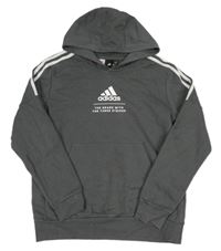 Tmavošedo-bílá mikina s nápisy a kapsou a kapucí Adidas