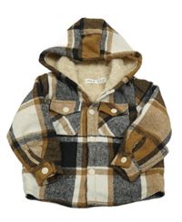 Hnědo-černo-bílá kostkovaná zateplená košilová bunda s kapucí SHEIN