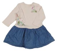 Modro-světlebroskvové riflovo/bavlněné šaty s kytičkami a motýlky a vážkami Mothercare