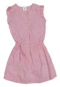 Růžovo-bílé pruhované plátěné šaty s volánky