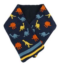 Tmavomodrá pletená podšitá šála s dinosaury a pruhy 
