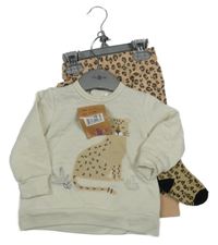 Nové - 3Set - smetanová prošívaná mikina se šelmou + světlehnědo-hnědo-černé vzorované tepláky + ponožky Lily&Jack