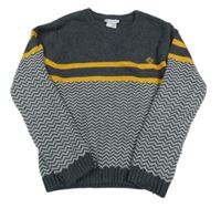 Tmavošedo-bílo/světlešedý vzorovaný vlněný svetr s hořčicovými pruhy tutto piccolo