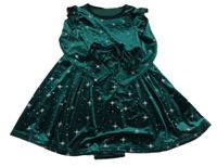 Smaragdové sametové šaty s hvězdičkami a mašlí a volánky SHEIN