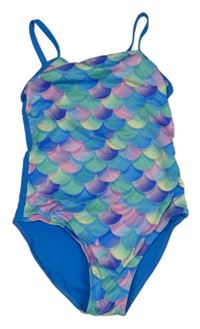 Barevno-modré jednodílné plavky se šupinkami 