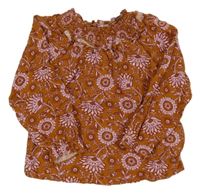 Hnědá halenka s kytičkami a volánkem Tu