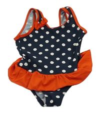 Tmavomodro-bílo-červené puntíkaté jednodílné plavky s mašlí a volánkem Sports