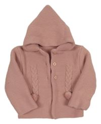 Starorůžový propínací svetr s bambulemi a kapucí