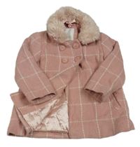 Starorůžovo-bílý kostkovaný podšitý kabát s kožešinou Next