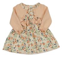 Krémovo-růžové květované šaty s bolerkem a mašlemi