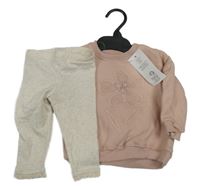 Nové - 2set - Růžová mikina s květinou + béžové melírované legíny F&F