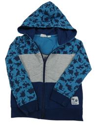 Petrolejovo-šedo-tmavomodrá propínací mikina s dinosaury a kapucí Impidimpi