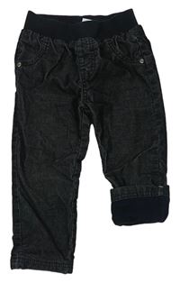 Antracitové sametové žebrované podšité kalhoty s úpletovým pasem Topomini