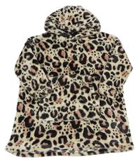 Hnědo-smetanová leopardí chlupatá oversize mikina s kapucí Matalan