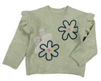 Mintový svetr s květinami a volánky Nutmeg