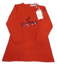 Nové - červené pletené šaty s nápisem z flitrů 