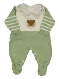 Zeleno-bílý pletený overal s medvědem a pruhovanými rukávy 