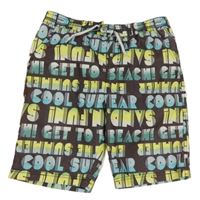 Hnědo-modro-zelené plážové kraťasy s nápisy Yigga