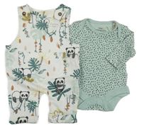 Nové - 2 set - bílé laclové tepláky s pandami + zelené vzorované body F&F