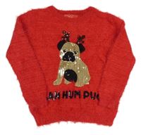 Červený chlupatý svetr s pejskem Primark