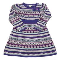 Fialovo-růžovo-tyrkysové vzorované svetrové šaty s mašlí Monsoon