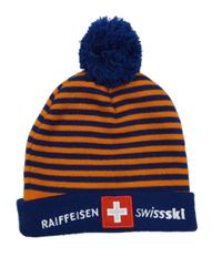 Tmavomodro-oranžová pruhovaná čepice s nápisy a bambulí 