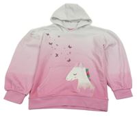 Bílo-růžová ombré mikina s jednorožcem a kapucí 