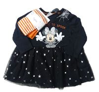 2set- černé bavlněno/tylové šaty s Minnie+ pruhované punčocháče Disney