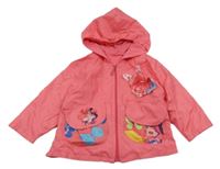 Růžová šusťáková jarní bunda s kytičkami a kapucí