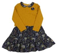 Medovo-tmavomodré šaty s kytičkami 