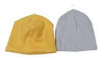 2x Čepice Modro-bílá pruhovaná + hořčicová H&M